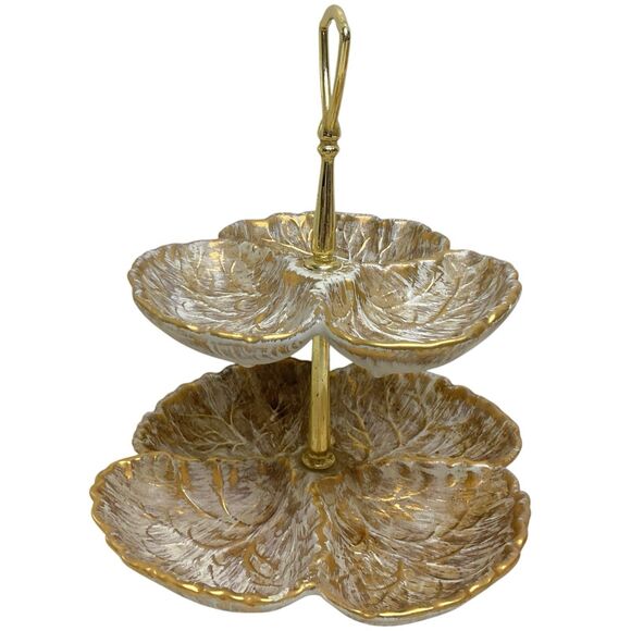 Vintage Haegar Pottery MCM Tiered Platter Gold Leaf Serving Tray 8044-H - Picture 2 of 7